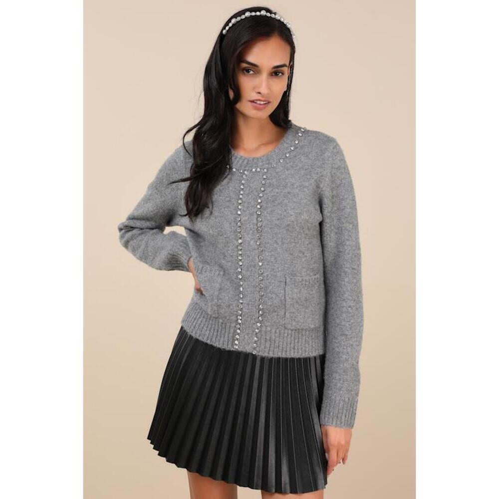 Lulus Sparkling Appeal Heather Grey Rhinestone Sweater - Size S